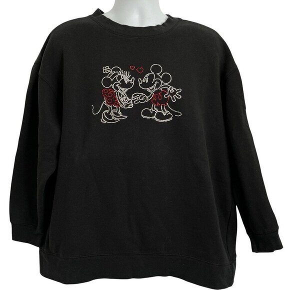 Disney Store XL Black Pullover Sweatshirt Rhinestone Mickey Loves Minnie Hearts - Picture 1 of 16